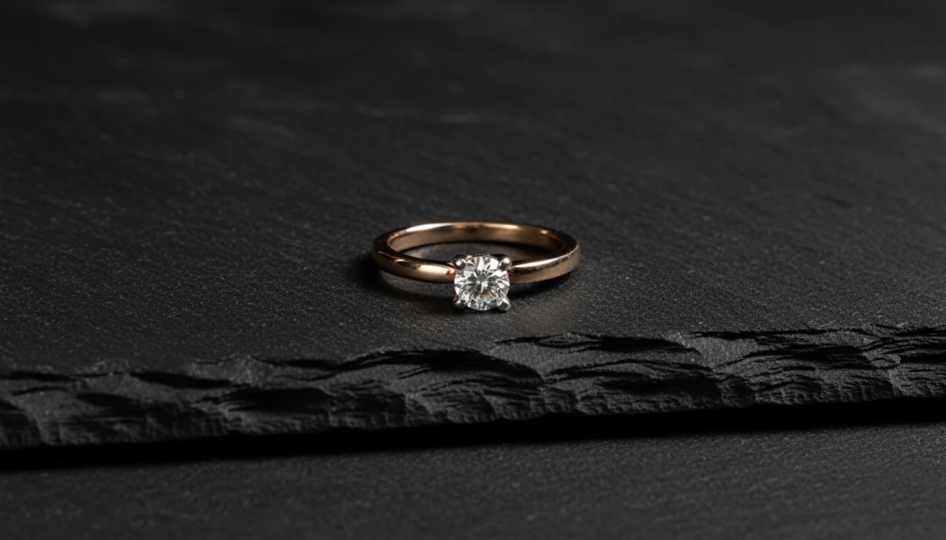 Un anillo de compromiso solitario con una banda delgada de oro rosa y un brillante diamante redondo en una montura de cuatro puntas, presentado sobre una superficie de pizarra oscura con una textura áspera.