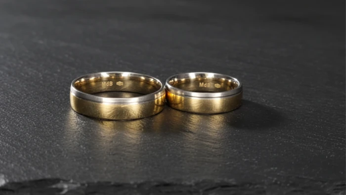 Dos anillos de boda a juego con un diseño bicolor: la parte exterior es de oro mate y el interior es de metal plateado pulido. Se ven de lado sobre una superficie oscura con textura.