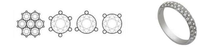 Esta imagen muestra varias configuraciones de joyería comunes:

Configuración de racimo: múltiples diamantes pequeños dispuestos en un patrón floral
Engastes de solitario: diamantes individuales en monturas clásicas y sencillas
Engaste pavé: diamantes colocados muy juntos a lo largo de la banda.