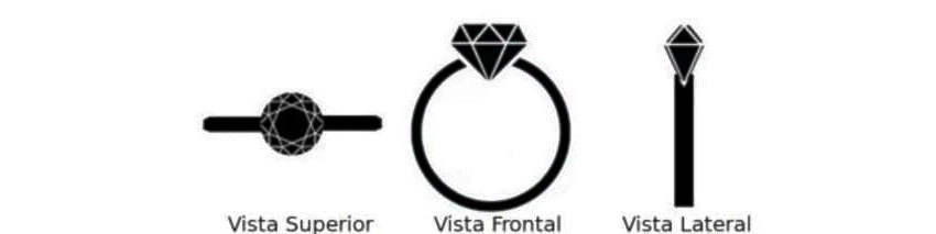Ilustración de un anillo con diamante desde tres perspectivas: superior, frontal y lateral.