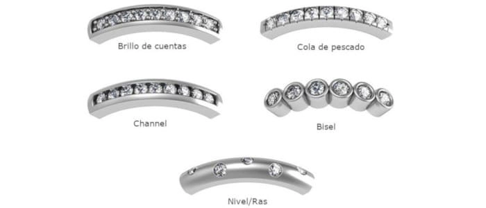 Ilustración de diferentes estilos de engaste para anillos con múltiples piedras, incluyendo brillo de cuentas, cola de pescado, channel, bisel y nivel/ras.