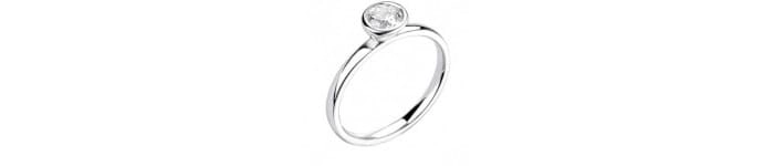  El anillo en la imagen es un diseño de montura solitaria con un diamante central redondo engastado de forma prensado. La montura es de metal preciosa, probablemente oro blanco o platino, con un acabado pulido y brillante. El diseño es clásico y elegante, enfatizando el diamante como piedra principal. Este tipo de montura solitaria es uno de los diseños más populares y tradicionales para anillos de compromiso.
