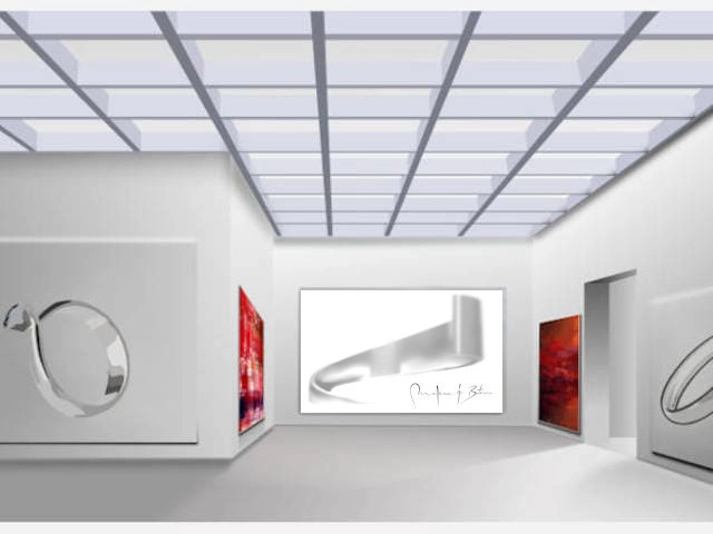 Interior de una galería de arte blanca y moderna con techo de paneles cuadrados y luz natural. Varias obras de arte, incluyendo pinturas abstractas rojas y esculturas plateadas con forma de anillo, están colgadas en las paredes. Un gran cartel con el logotipo MdB y la inscripción Philippe & Esther en rojo y negro es el punto focal de la sala. La galería parece espaciosa y minimalista, con un enfoque en las obras de arte expuestas.

