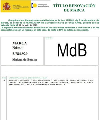 Documento oficial que muestra el registro de la marca Malena de Botana, garantizando la autenticidad y la calidad de sus joyas.