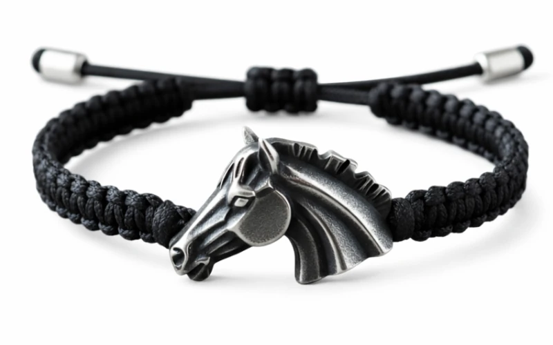 Brazalete de caballo en plata con cuerda negra trenzada de Malena de Botana