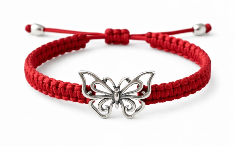 Pulsera mariposa roja Malena de Botana hecha a mano en hilo tejido con dije de plata 925