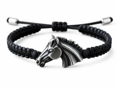 Brazalete de caballo en plata con cuerda negra trenzada de Malena de Botana