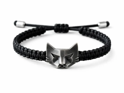 Pulsera negra de macramé con dije de gato en plata 925, diseño unisex de Malena de Botana