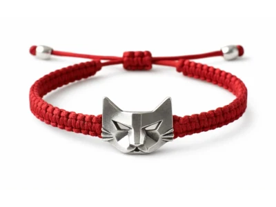 Pulsera en hilo rojo trenzado con dije de cabeza de gato en plata 925 de Malena de Botana
