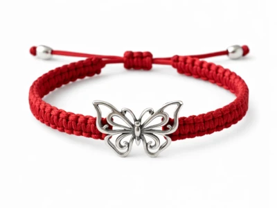 Pulsera mariposa roja Malena de Botana hecha a mano en hilo tejido con dije de plata 925