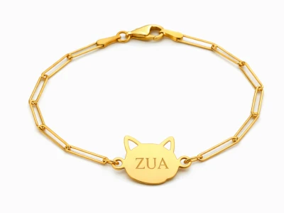 Pulsera de oro con gato personalizada con cadena de eslabones alargados