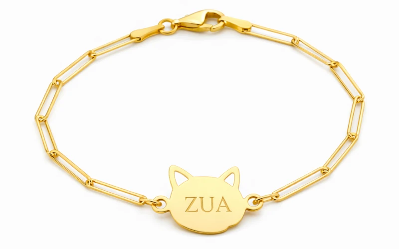 Pulsera de oro con gato personalizada con cadena de eslabones alargados